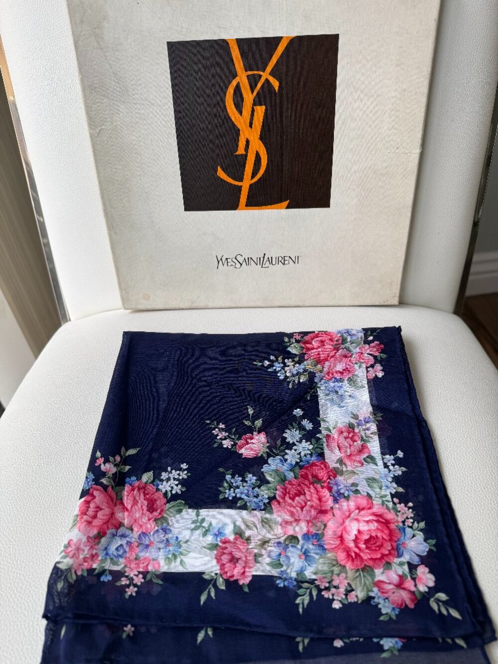 Vintage Yves Saint Laurent Floral Cotton Scarf Handkerchief in Original Box